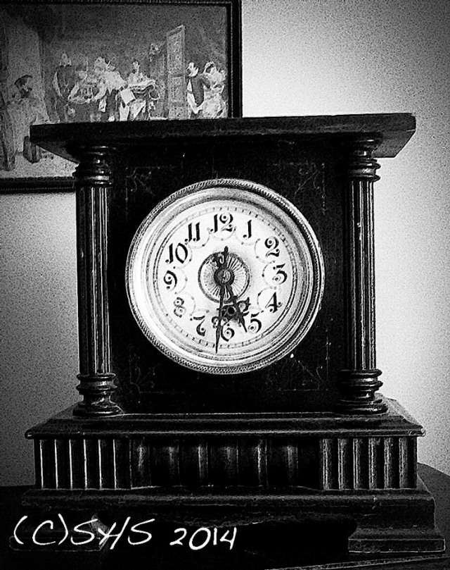 black and white photo of author's clock
